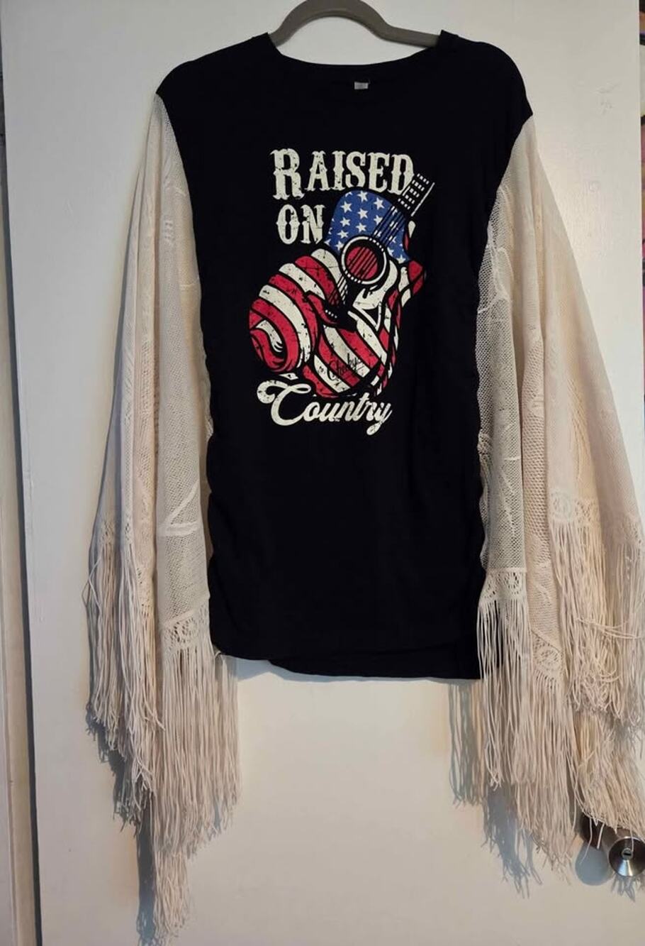 One of a Kind Glam Country “Raised on Country” Tee w/ Boho Lace & Fringe Sleeves